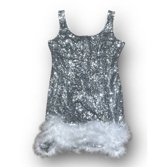 Sequin Party Mini Dress White Feather Bodycon Birthday Semi Formal Slip Silver - Picture 1 of 5